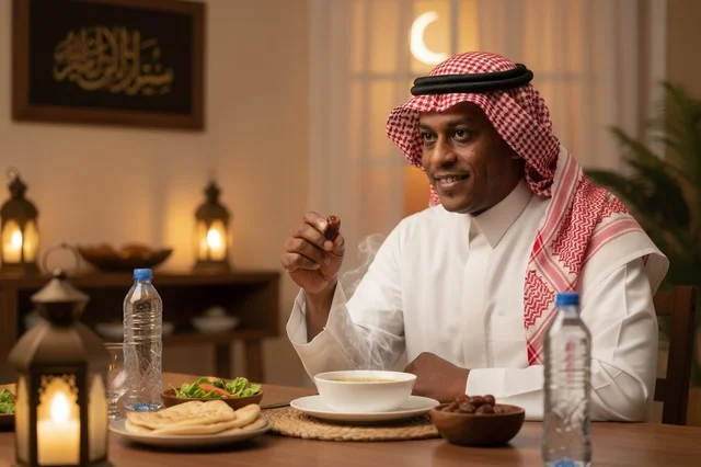 رجل سعودي بالثوب التقليدي يتناول التمر في إفطار رمضان