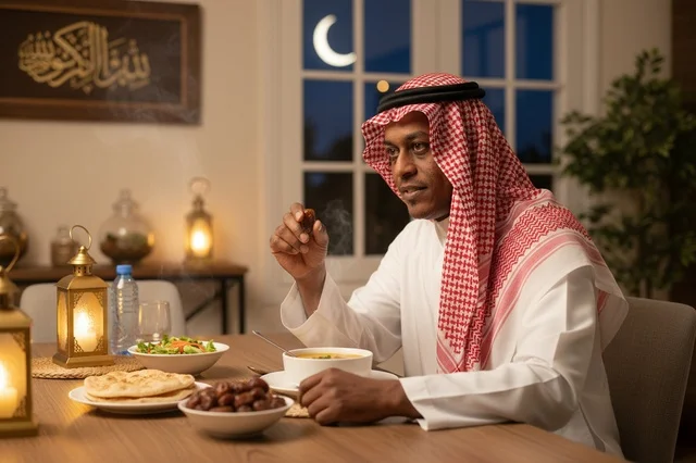رجل سعودي بالثوب التقليدي يتناول التمر في إفطار رمضان