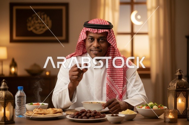رجل سعودي يتناول إفطار رمضان مع التمر والفوانيس