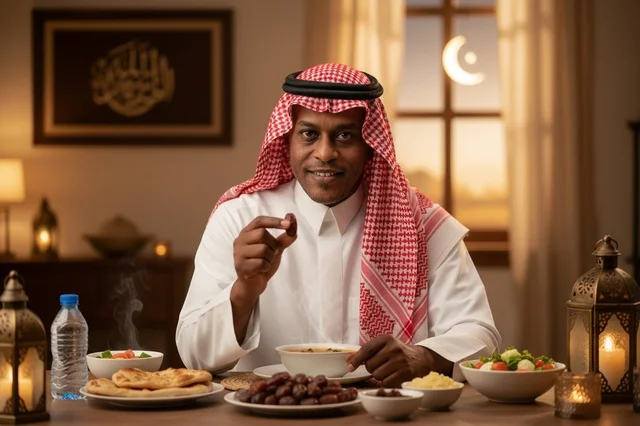Saudi Man Eating Ramadan Iftar with Dates and Lanterns