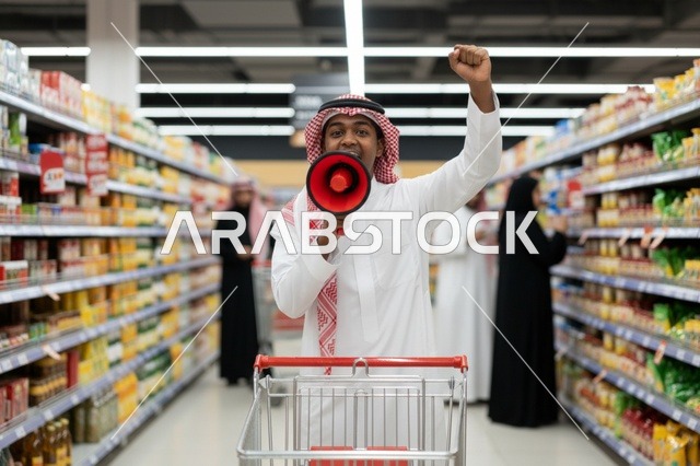 رجل سعودي يحمل مكبر صوت في سوبر ماركت