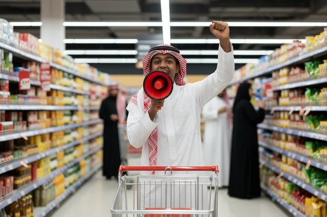 رجل سعودي يحمل مكبر صوت في سوبر ماركت