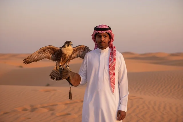 A Saudi man in traditional attire with a dallah in the garden.