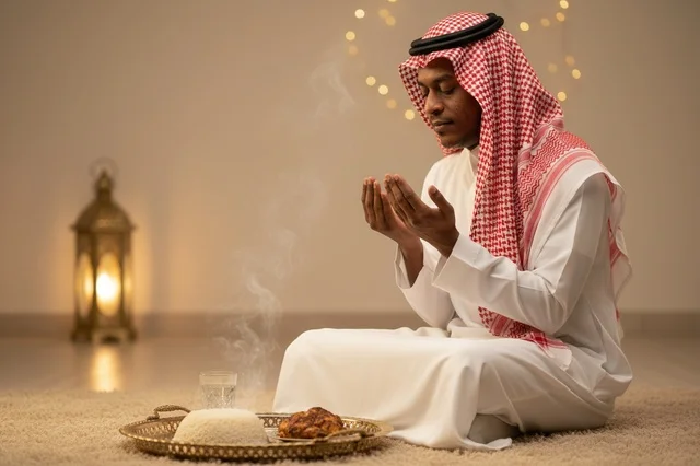 رجل سعودي بالثوب والشماغ يدعو قبل إفطار رمضان