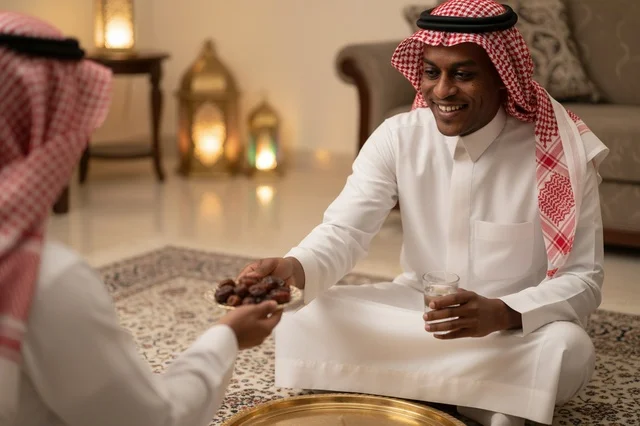 رجل سعودي بالزي التقليدي يقدم التمر في المجلس