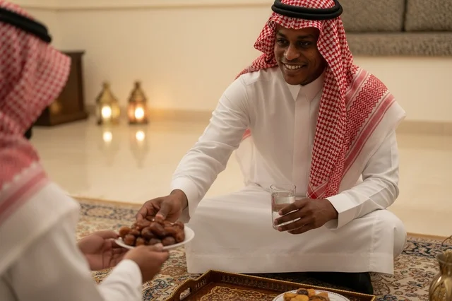 رجل سعودي بالزي التقليدي يقدم التمر في مجلس