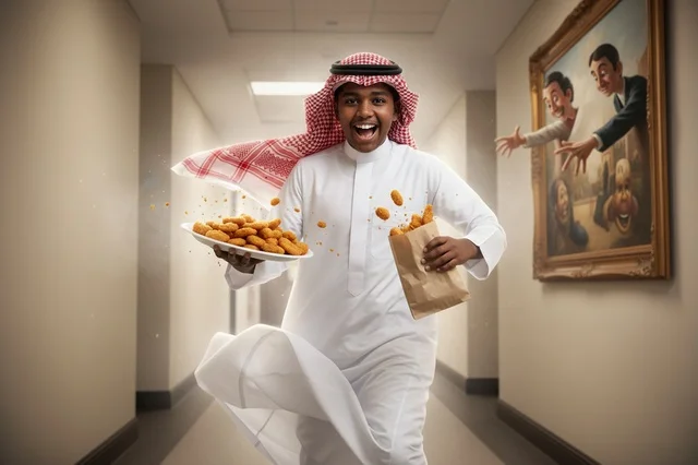 Saudi Man Running with Chicken Nuggets in Hallway