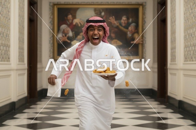رجل سعودي يركض بحماس حاملاً طبق قطع دجاج