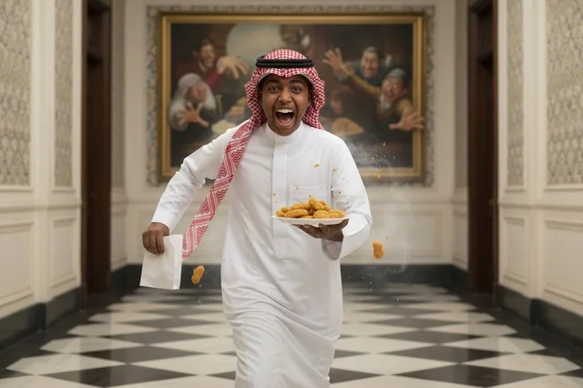رجل سعودي يركض بحماس حاملاً طبق قطع دجاج