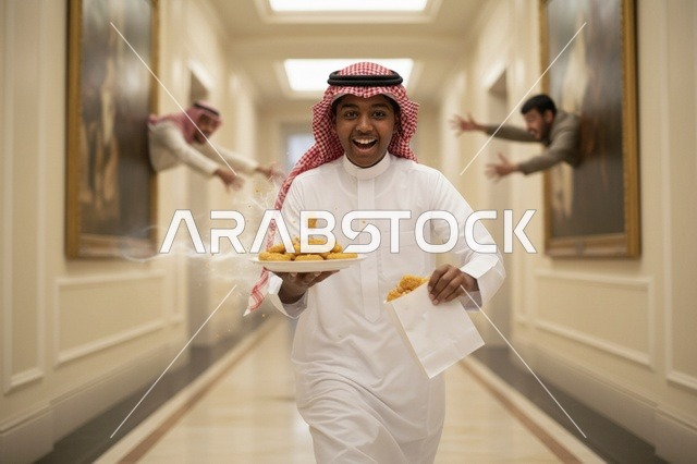 رجل سعودي بالثوب يحمل قطع دجاج في ممر