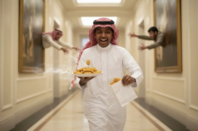 رجل سعودي بالثوب يحمل قطع دجاج في ممر