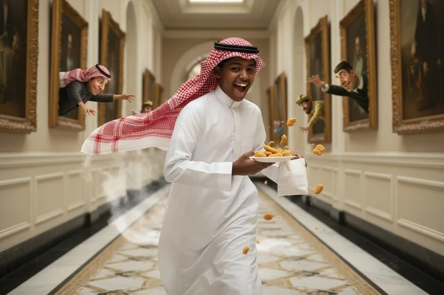 Saudi Man Running in Museum with Chicken Nuggets