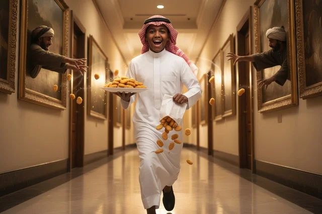شاب سعودي يركض بقطع الدجاج داخل متحف فني