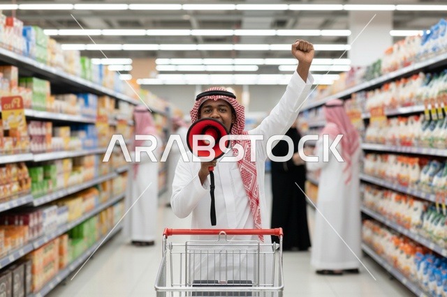 رجل سعودي يحمل مكبر صوت في سوبر ماركت