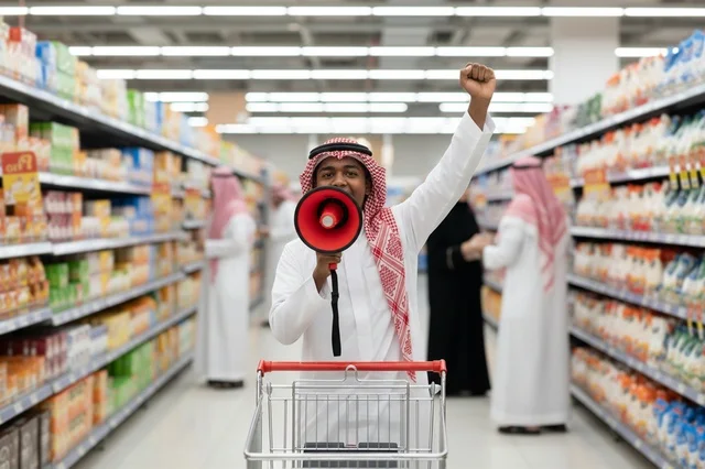 Saudi Man with Megaphone in Supermarket Aisle