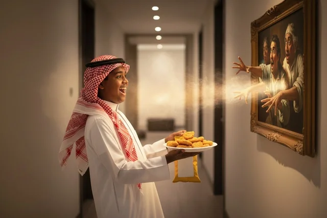 طفل سعودي بالزي التقليدي مع لوحة طعام خيالية