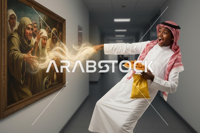 شاب سعودي بالثوب التقليدي ينجذب نحو لوحة خيالية