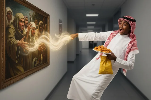 شاب سعودي بالثوب التقليدي ينجذب نحو لوحة خيالية