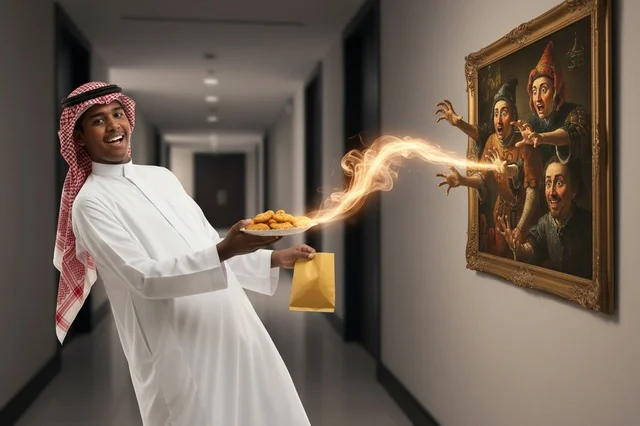 Saudi Man with Chicken Nuggets and Surreal Painting