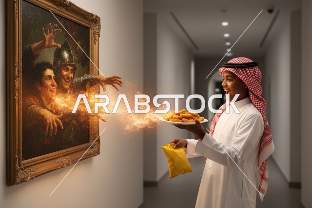 رجل سعودي مع قطع دجاج ولوحة فنية حية