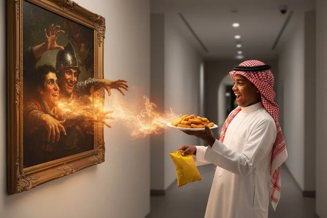 رجل سعودي مع قطع دجاج ولوحة فنية حية