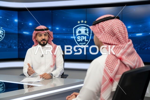 رجال سعوديون في استوديو تلفزيوني لمناقشة الدوري السعودي