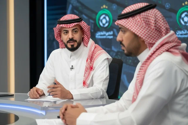 رجال سعوديون بالزي التقليدي في استوديو أخبار رياضية