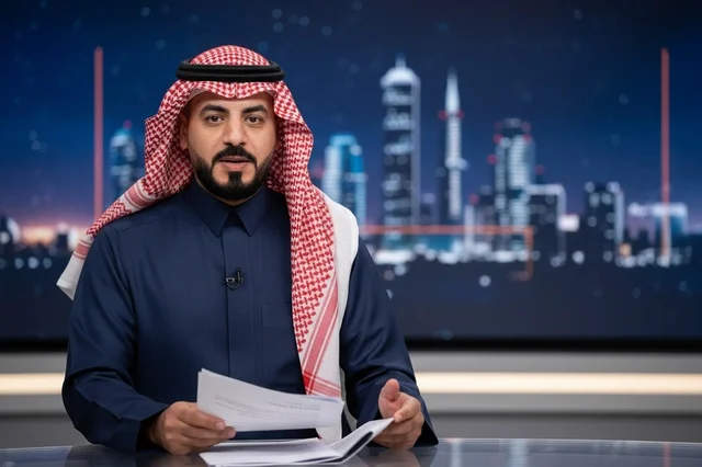Saudi News Presenter in TV Studio with City Skyline