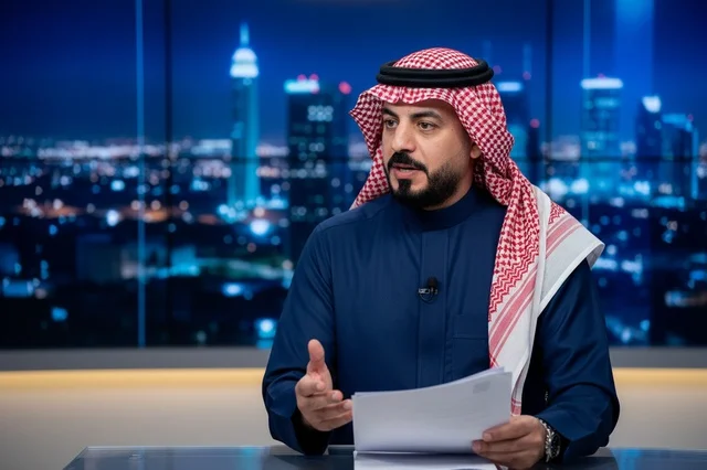 Saudi News Anchor in TV Studio with Night City Skyline