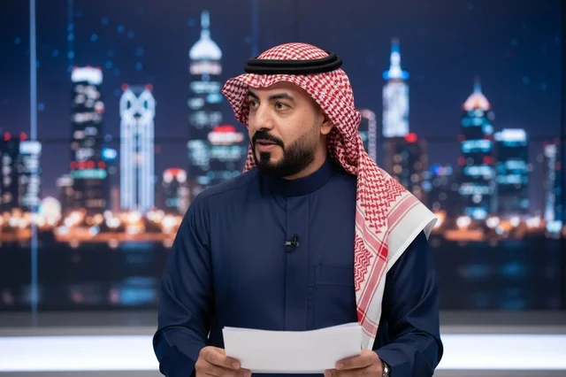 مذيع أخبار سعودي في استوديو تلفزيوني بالزي التقليدي