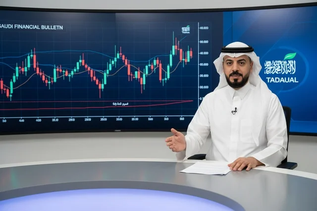 Saudi Financial Analyst in News Studio with Tadawul Chart