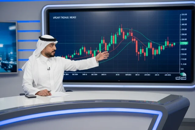 Saudi News Presenter Explaining Stock Market Chart