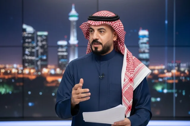 A Saudi news presenter in a studio with a nighttime city background.