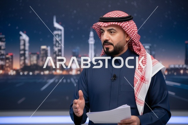 مذيع أخبار سعودي في استوديو مع خلفية مدينة ليلية