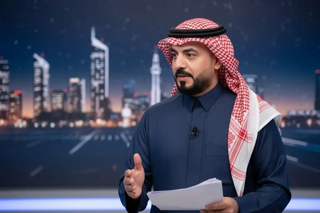 مذيع أخبار سعودي في استوديو مع خلفية مدينة ليلية