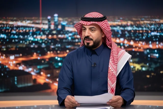 Saudi News Anchor in Riyadh TV Studio at Night