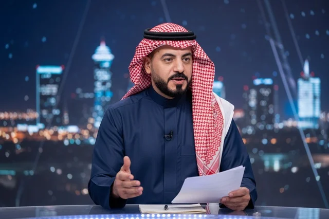 مذيع أخبار سعودي في استوديو مع خلفية مدينة ليلية