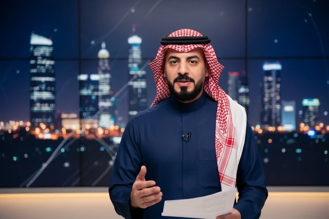Saudi News Anchor in Television Studio with Night Cityscape