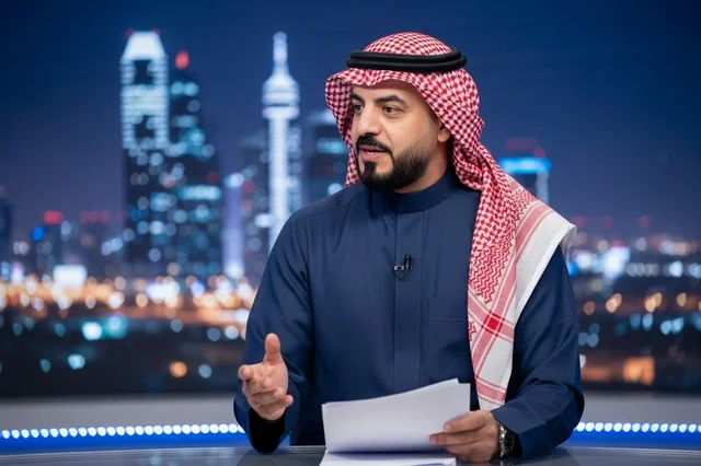 Saudi News Anchor in Professional Studio at Night