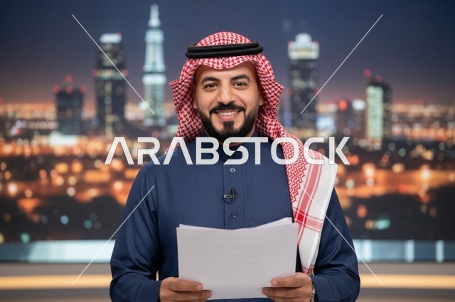 مذيع سعودي في استوديو تلفزيوني مع أفق الرياض