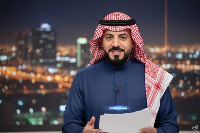 مذيع أخبار سعودي في استوديو تلفزيوني ليلاً
