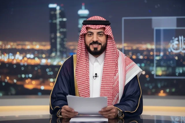Saudi News Anchor in Studio Wearing Traditional Bisht
