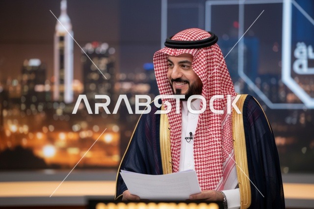 مذيع سعودي بالزي التقليدي في استوديو تلفزيوني بالرياض
