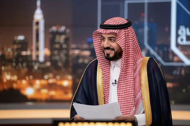 مذيع سعودي بالزي التقليدي في استوديو تلفزيوني بالرياض