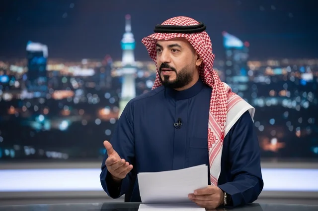 Kuwaiti News Anchor in TV Studio at Night