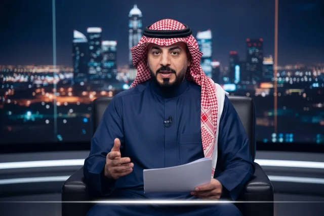 Saudi News Anchor in Studio with Night City Backdrop