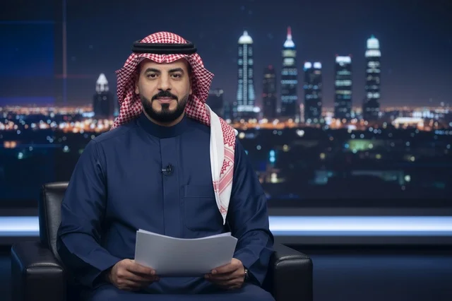 مذيع أخبار سعودي في استديو تلفزيوني ليلاً