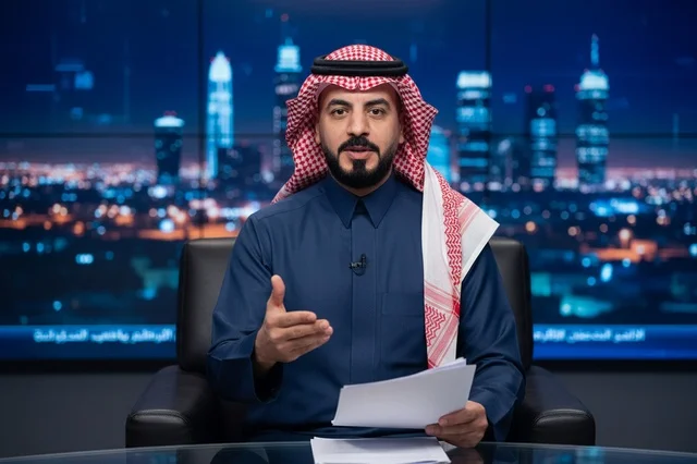 Saudi News Anchor in Studio with Night Cityscape