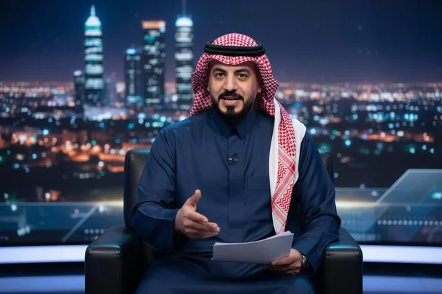 Saudi News Presenter in Television Studio at Night