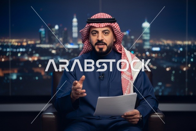 مذيع سعودي في استوديو تلفزيوني ليلاً